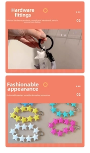 Detail of colorful star-shaped silicone charms with matte finish and metal spring rings
