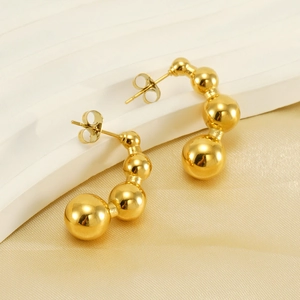 C-Shaped Gradient Bead Earrings 18K Gold Plated Stainless Steel Mirror Polished Minimalist Metallic Ball Studs For Women