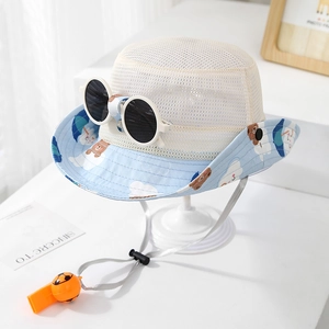 Breathable blue mesh kids cowboy sun hat with decorative sunglasses and chin strap