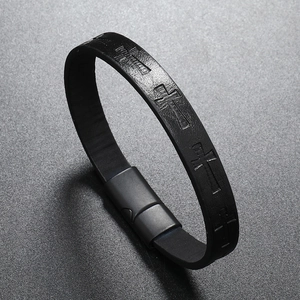 Multilayer braided black leather bracelet for men with embossed cross and magnetic clasp