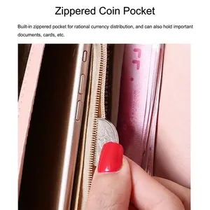 Pink PU leather long wallet with zipper compartment for phone, coins and banknotes