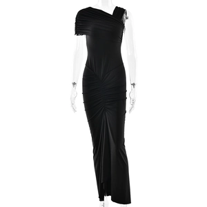 Elegant black one-shoulder slim fit maxi dress with ruched details and asymmetrical design