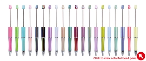 Detailed view of twenty colorful DIY beadable ballpoint pens in pearl and gradient finishes