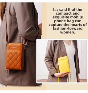 Close-up of quilted phone bag with three zippers and adjustable strap in tan and yellow