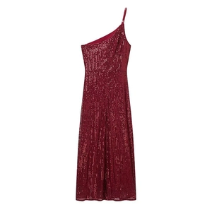 Elegant one-shoulder sequined wine red maxi dress featuring a stylish high side slit