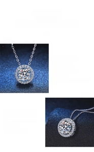 Macro detail of Moissanite halo pendant necklace in S925 sterling silver with brilliant fire