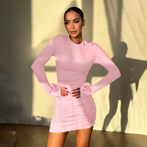 Mini Dress Polyester Spandex Long Sleeve Ruched Bodycon Dimensional Rose Flower Elegant Slim Fit Party Clubwear Women