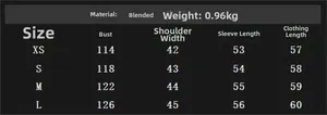 Size chart for faux fur jacket showing chest, shoulder, and sleeve measurements in cm