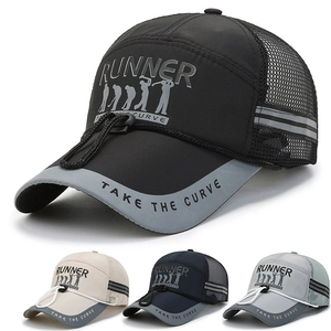 Outdoor Men Sun Hat Quick Dry Breathable Mesh Baseball Cap With Adjustable Drawstring Reflective Strip Runner Print