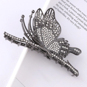 Gunmetal butterfly hair claw clip with rhinestones and hollow metal design for women