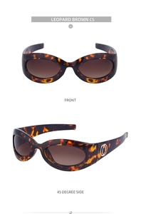 Detailed front and side views of Y2K leopard brown cycling sunglasses with resin frames