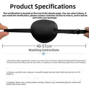 Adjustable black eye patch with 40-57cm elastic strap and soft blackout fabric detail