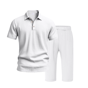 Detail view of white men's polo and drawstring pants set with breathable linen texture