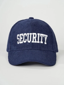 Macro shot of white SECURITY embroidery on navy blue corduroy baseball cap texture