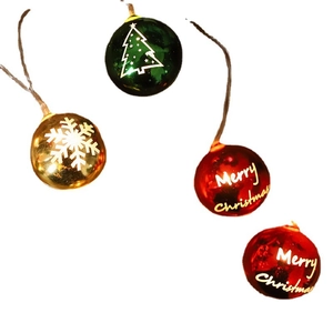 Christmas ball light string featuring red, gold, and green ornaments with festive patterns