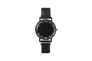 Detailed close-up of a black quartz watch featuring unique hand-drawn style numerals