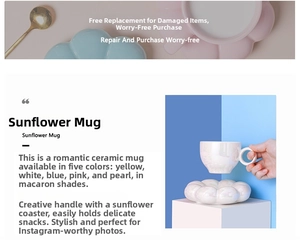 Detail of macaron sunflower ceramic coffee cup and saucer set with creative ring handle