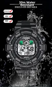 Macro detail of waterproof digital sports watch showing the WR30M water resistance display