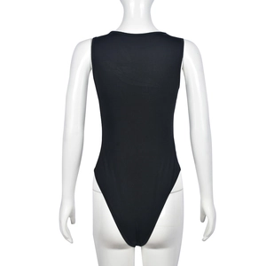 Rear view of sleek black sleeveless bodysuit with high-elastic fabric on a white background