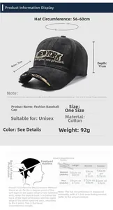 Size chart showing 56-60cm circumference for vintage distressed cotton baseball cap