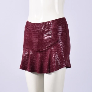 Detail showing faux crocodile texture on burgundy leather mini skirt for women