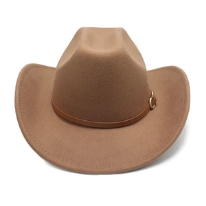 Close-up of camel wool fedora hat with brown leather band and metal buckle detailing