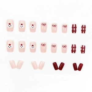 24pcs square press-on nails featuring red checkerboard, cute puppy, and cherry accents