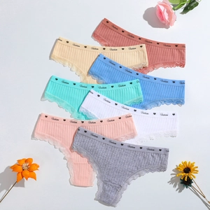 Women Low Waist Ribbed Cotton Thong With Lace Trim Breathable Soft Lingerie Underwear