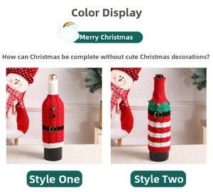 Close-up of Christmas knitted wine bottle covers with stripe and button details