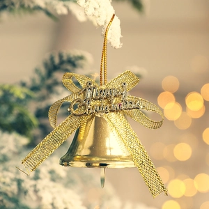 Golden Christmas tree bell with Merry Christmas sign and golden mesh bow decoration