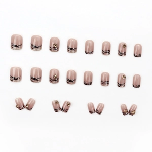 24pcs French zebra print press-on nails with silver glitter and gold floral rhinestones