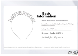 Detailed specs of zinc alloy Happy Birthday headband with AAA rhinestones and dimensions