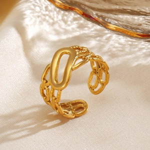 18K gold plated stainless steel open ring with oval center and woven link band