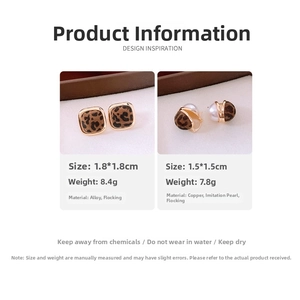 Detailed view of leopard print flocked geometric earrings with dimensions and material specs