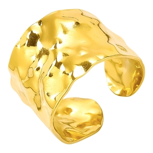 Polished golden 304 stainless steel wide open ring with textured hammered finish