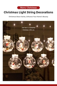 Detail of hanging Christmas ornaments featuring a clear ball with snowman and LED warm light