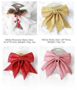 Detail view of festive glitter Christmas tree bows in white gold red and pink colors