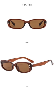 Detailed front and side views of brown square sunglasses with silver heart studs
