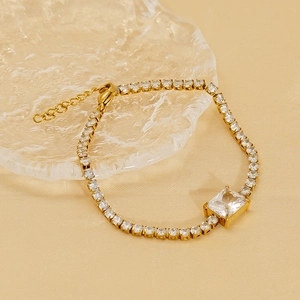 Adjustable gold-plated titanium bracelet with square zircon center stone and halo crystals