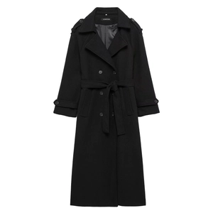 Women's black long wool coat with double-breasted buttons and belt on white background