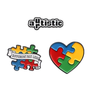 Artistic heart puzzle metal pins for Autism Awareness with Different Not Less lettering