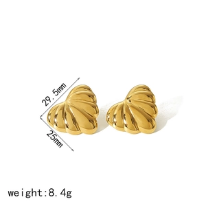 Golden pleated heart stud earrings in stainless steel, size 29.5mm x 25mm, weight 8.4g