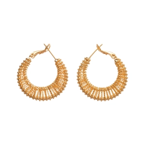 Golden geometric hollow mesh hoop earrings in minimalist round style on white background