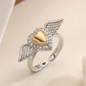 Two-tone heart wing ring with white zircon stones and adjustable band for women
