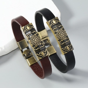 Retro leather bracelets for couples with vintage bronze buckle and geometric patterns
