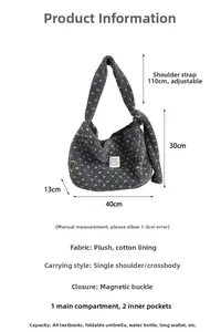 Detailed view of plush heart crossbody bag showing 40x30x13cm size and adjustable strap