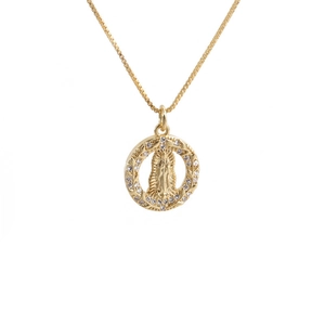 Close-up of gold plated Virgin Mary pendant with sparkling CZ stones and box chain