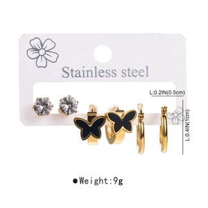 Three-pair stainless steel earring set with zircon studs and enamel butterfly hoops
