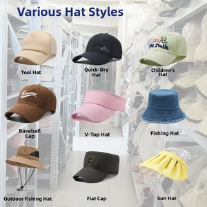 Detailed grid view showcasing a variety of denim buckets, mesh caps, and outdoor sun hats