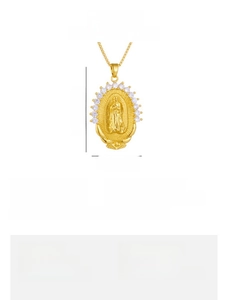 Detailed view of Virgin Mary pendant size 35.5mm by 22.3mm with zircon inlay